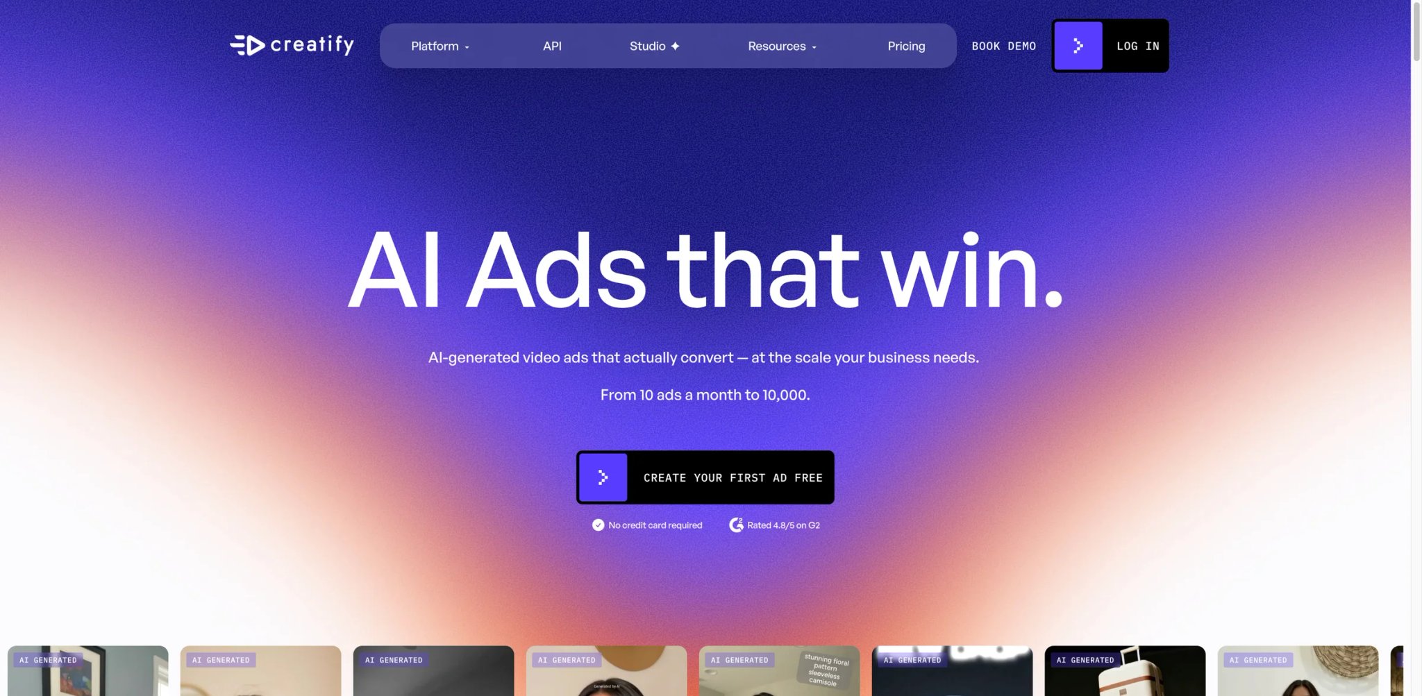Creatify interface showing AI UGC ad variants generated from a single product script with TikTok-style social previews