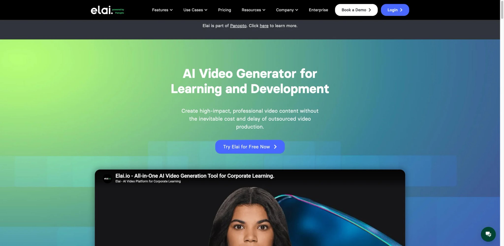 Elai interface showing slides-to-video conversion with avatar presenter selection and minutes-remaining indicator