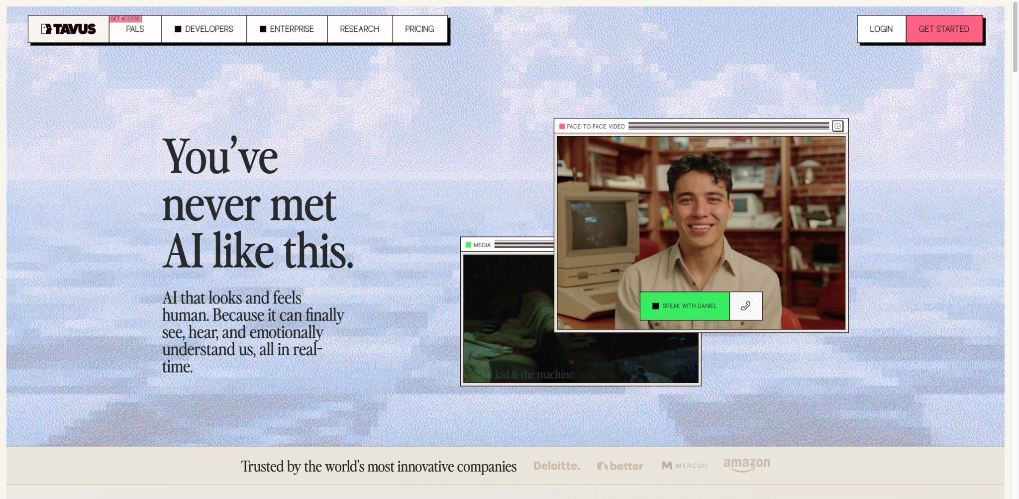 Tavus interface showing API-first digital twin replica with conversational video agent integration panel