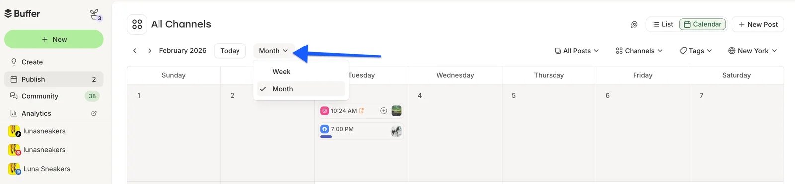 Buffer's real publishing calendar showing channel, post and view controls