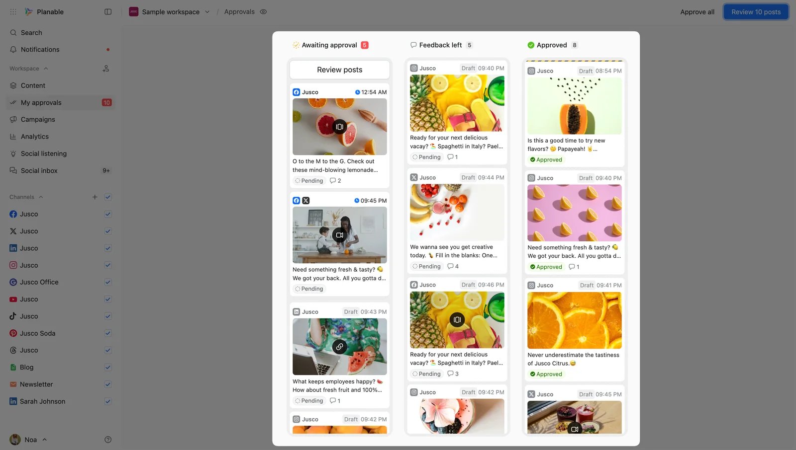 Planable's My approvals view with awaiting, feedback and approved columns