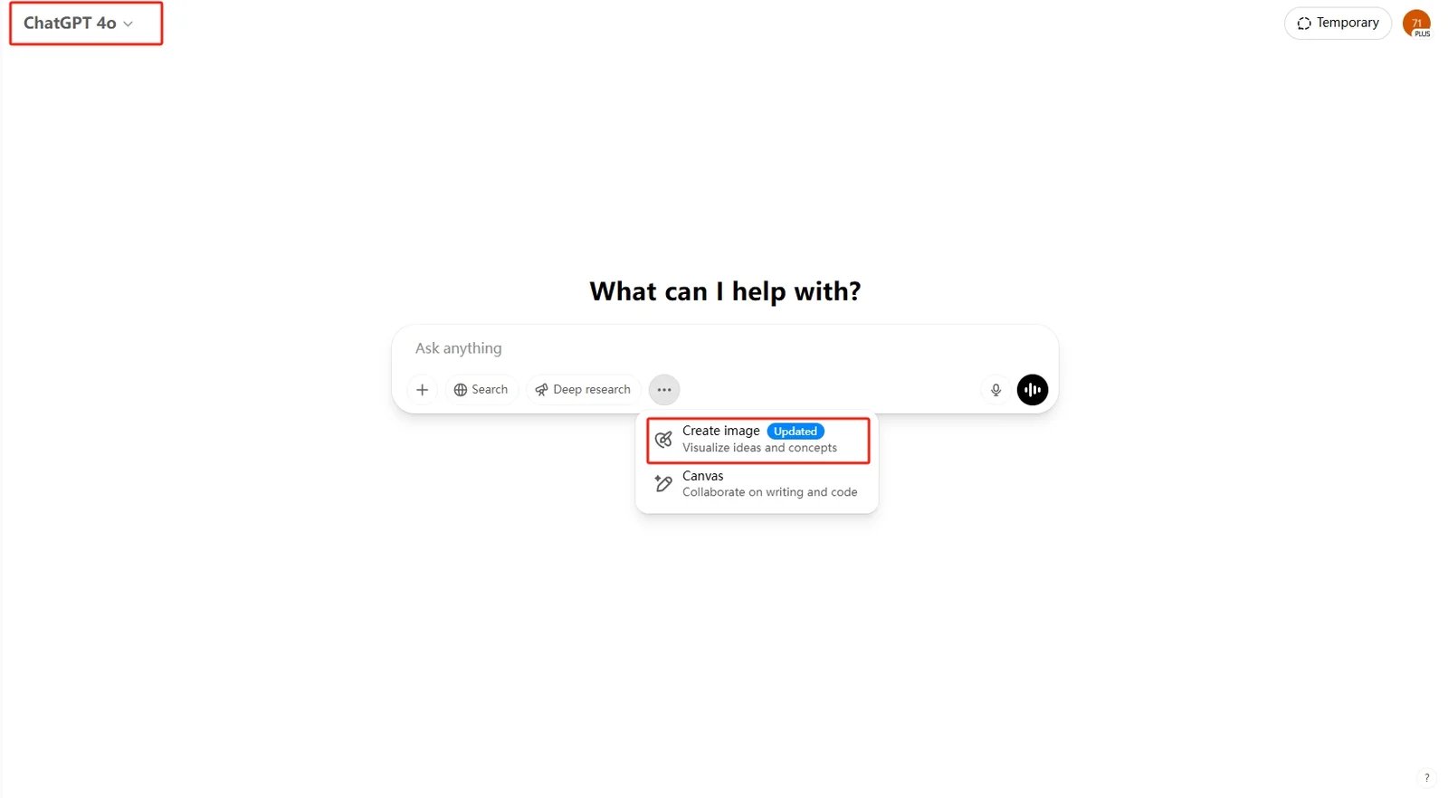 ChatGPT interface with image generation features highlighted