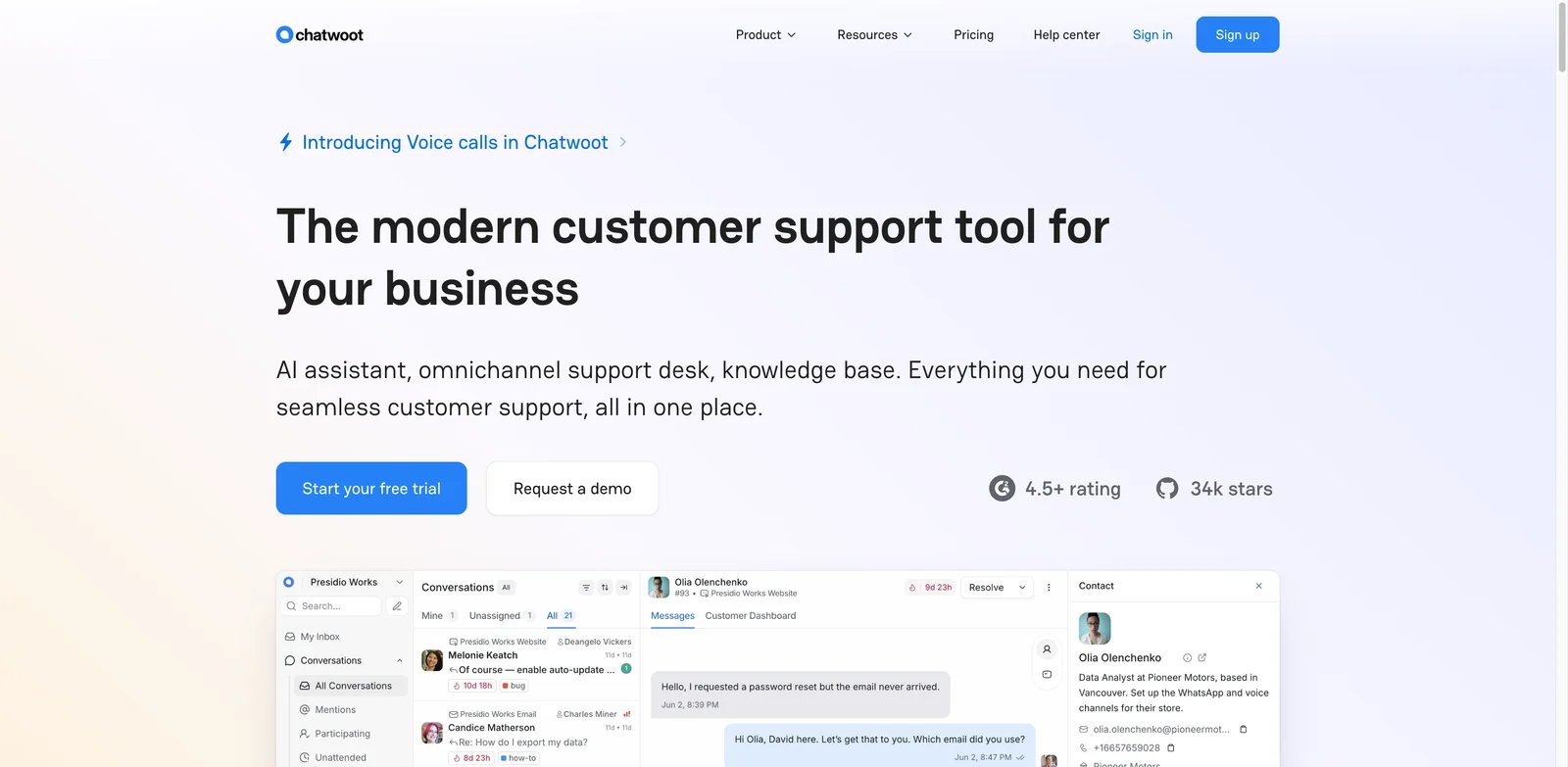 Chatwoot interface showing open-source support inbox with live chat and self-hosted settings