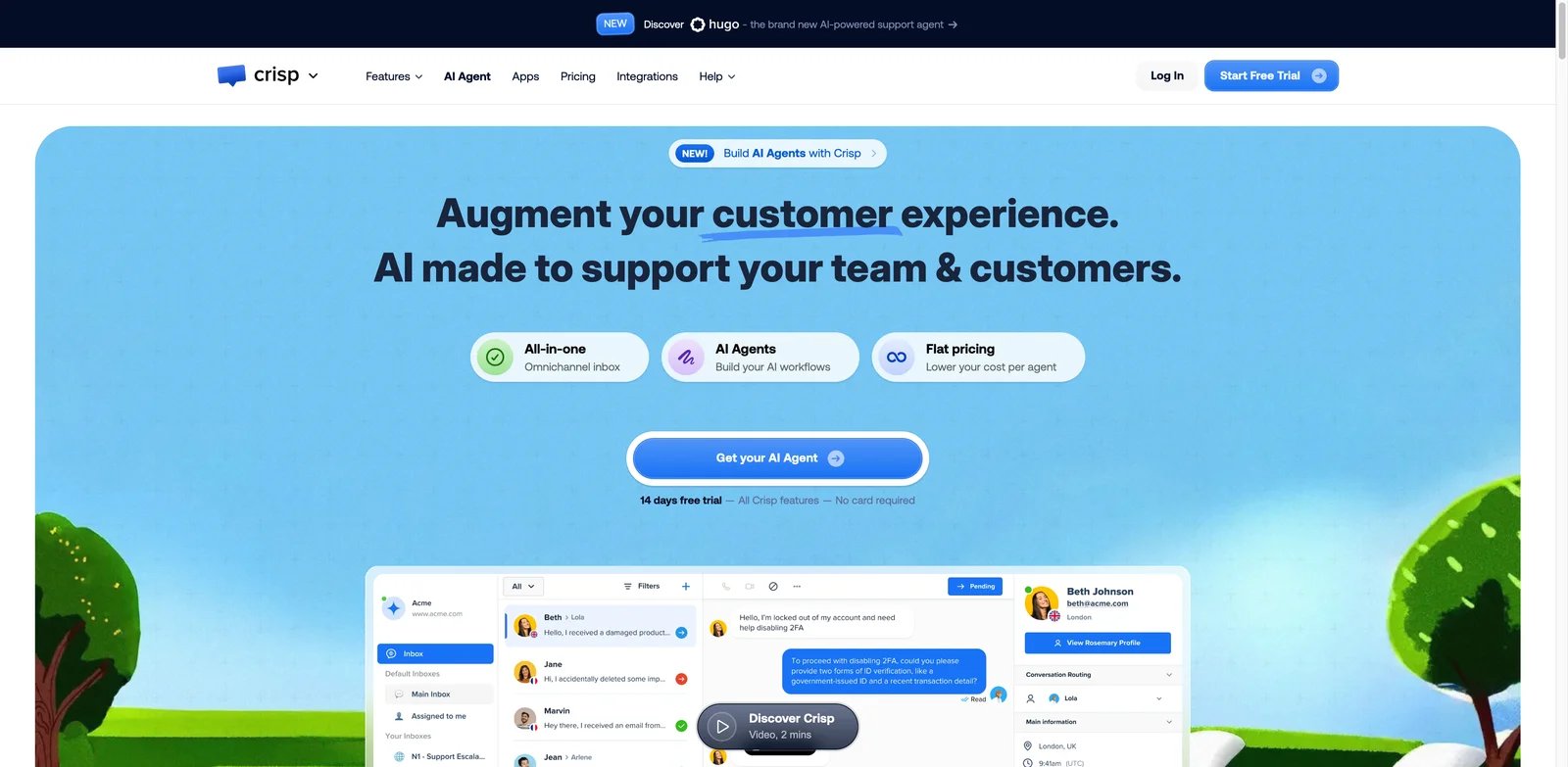 Crisp interface showing live chat inbox, customer data, and chatbot workflows