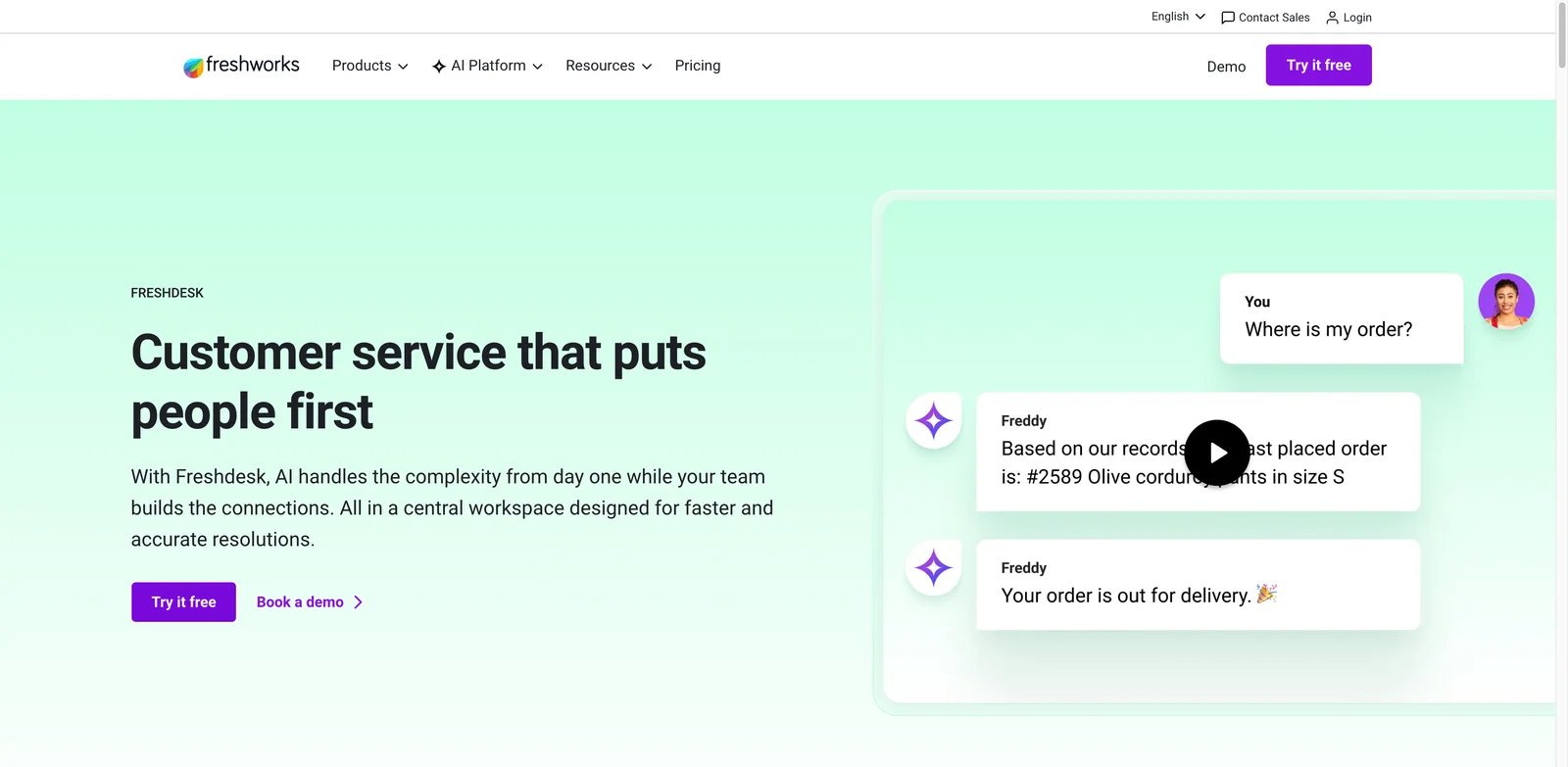 Freshdesk interface showing ticket queues, Freddy AI, and support analytics
