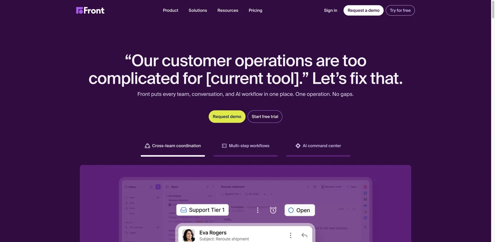 Front interface showing shared inbox collaboration, assignments, and omnichannel messages