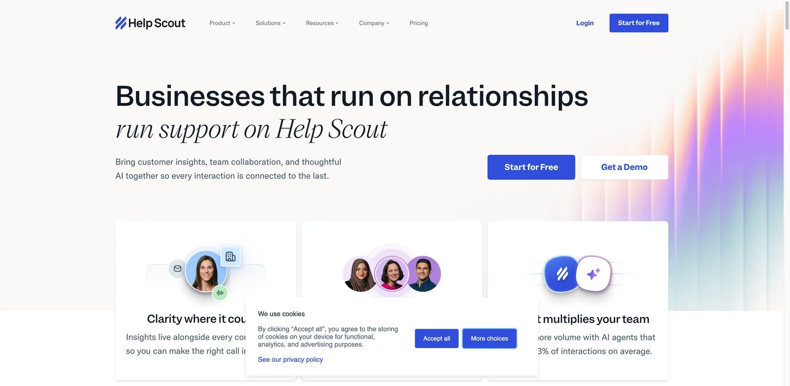 Help Scout interface showing shared inbox, docs, and customer conversation thread