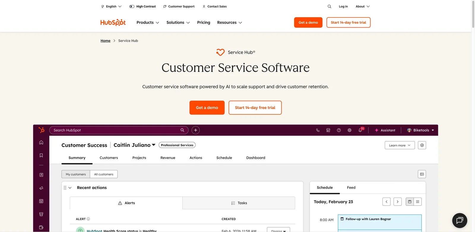 HubSpot Service Hub interface showing tickets, customer record, knowledge base, and CRM timeline