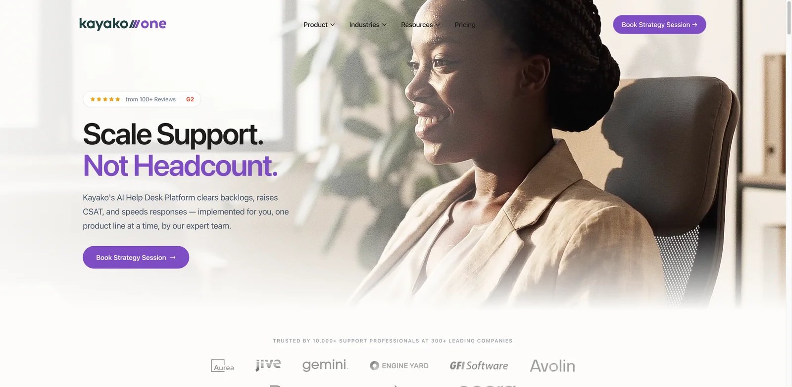Kayako interface showing AI support resolution dashboard and customer conversation timeline
