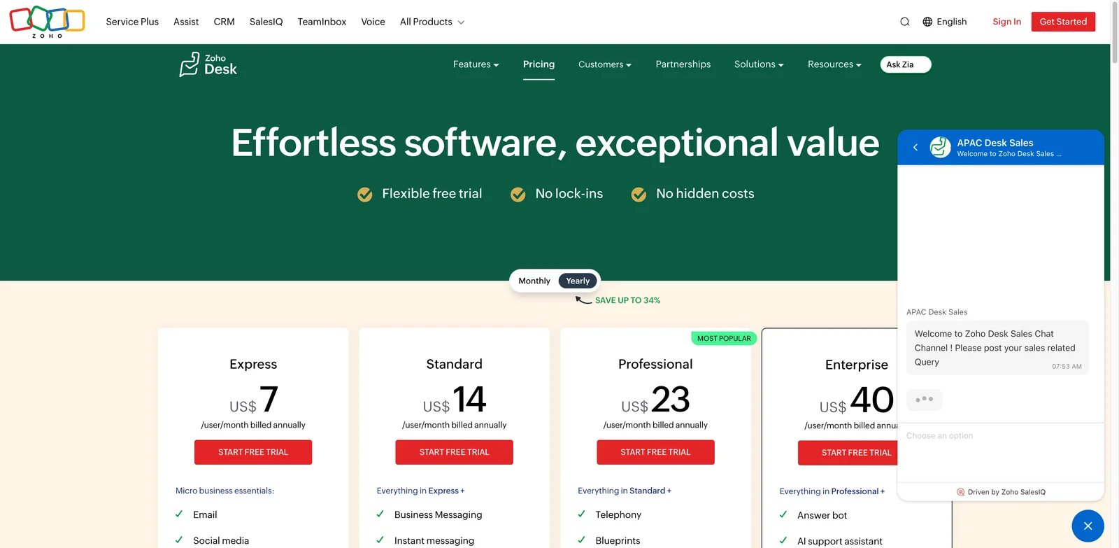 Zoho Desk interface showing ticket list, Zia assistant, and customer support dashboard