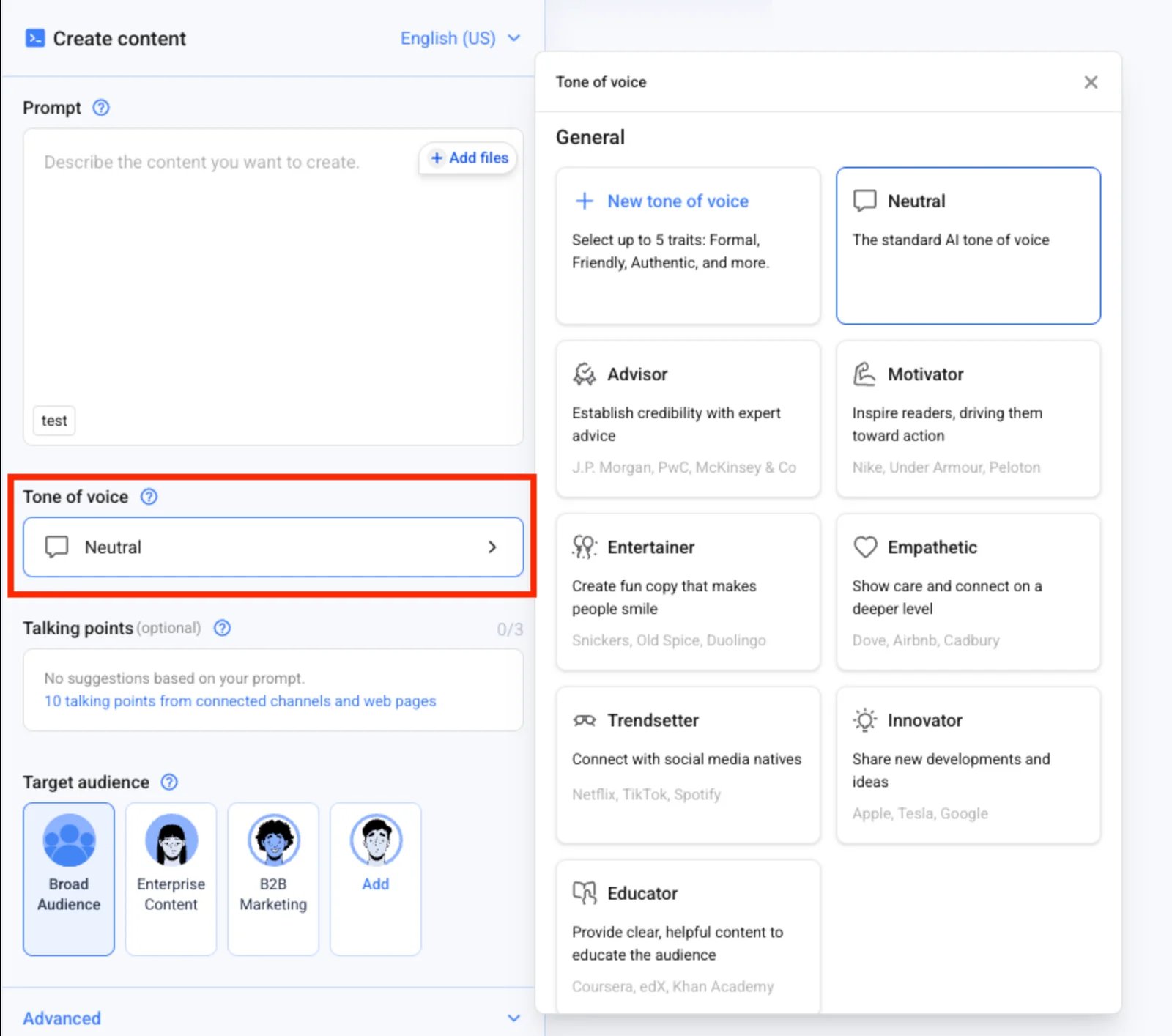 Anyword short-form content workspace with tone-of-voice controls