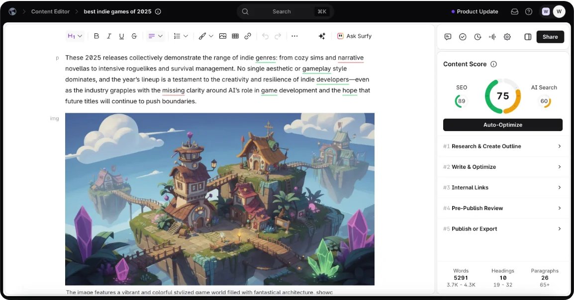 Surfer Content Editor showing an article brief and optimization workspace