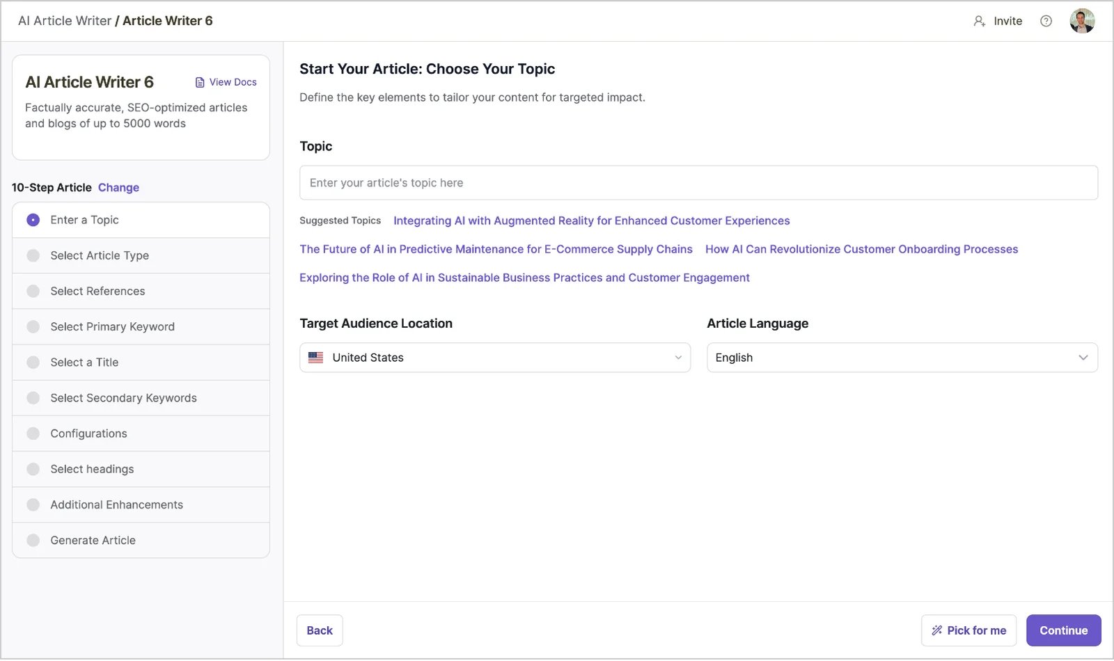 Writesonic Article Writer workspace for configuring a long-form article