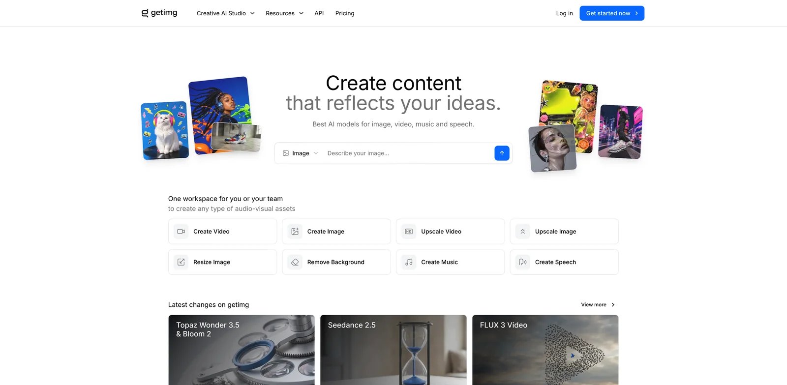 getimg.ai interface showing AI image, video, editing, and API generation workflow