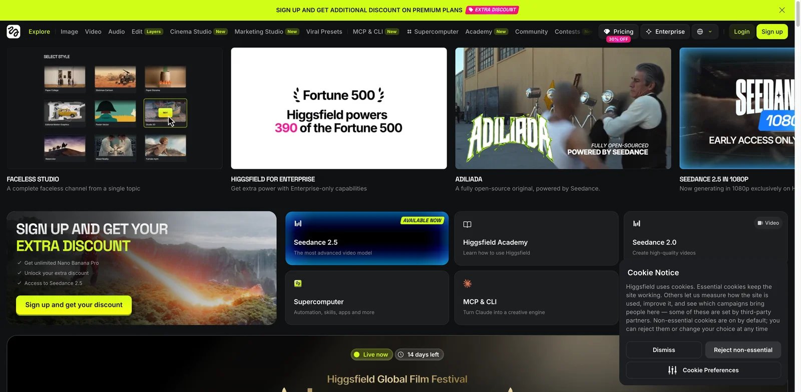 Higgsfield interface showing AI video generation, character consistency, and ad creative workflow