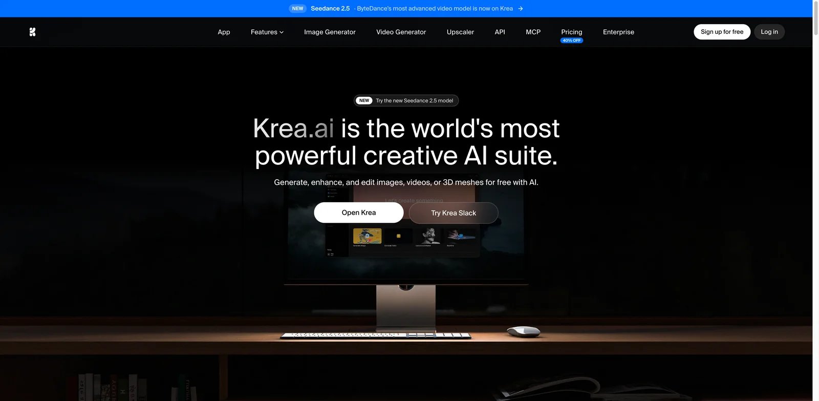 Krea interface showing real-time image generation, workflows, and enhancement tools