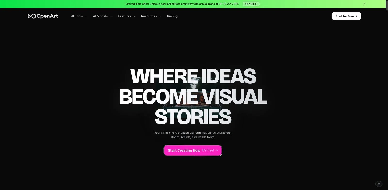 OpenArt interface showing multi-model image and video creation with character and story tools