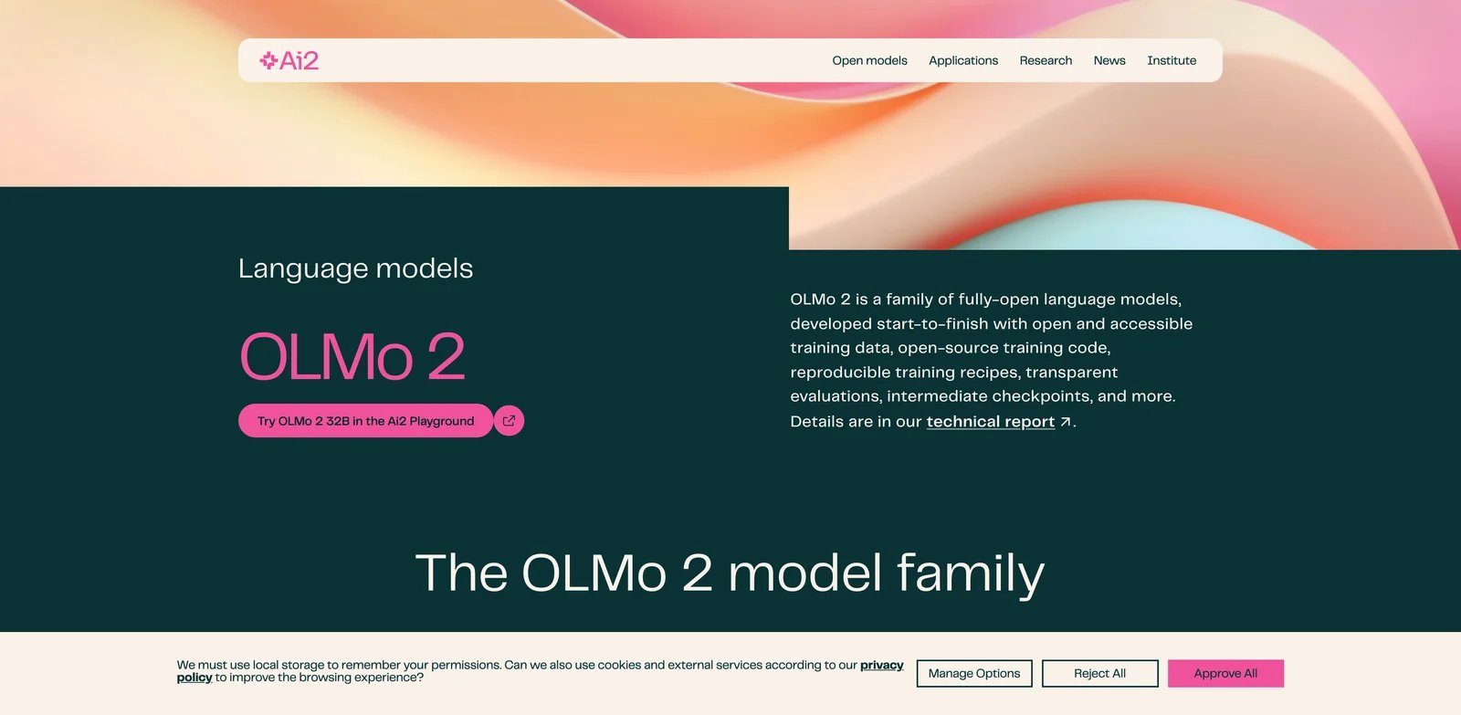 AI2 OLMo interface showing open model artifacts and reproducibility resources