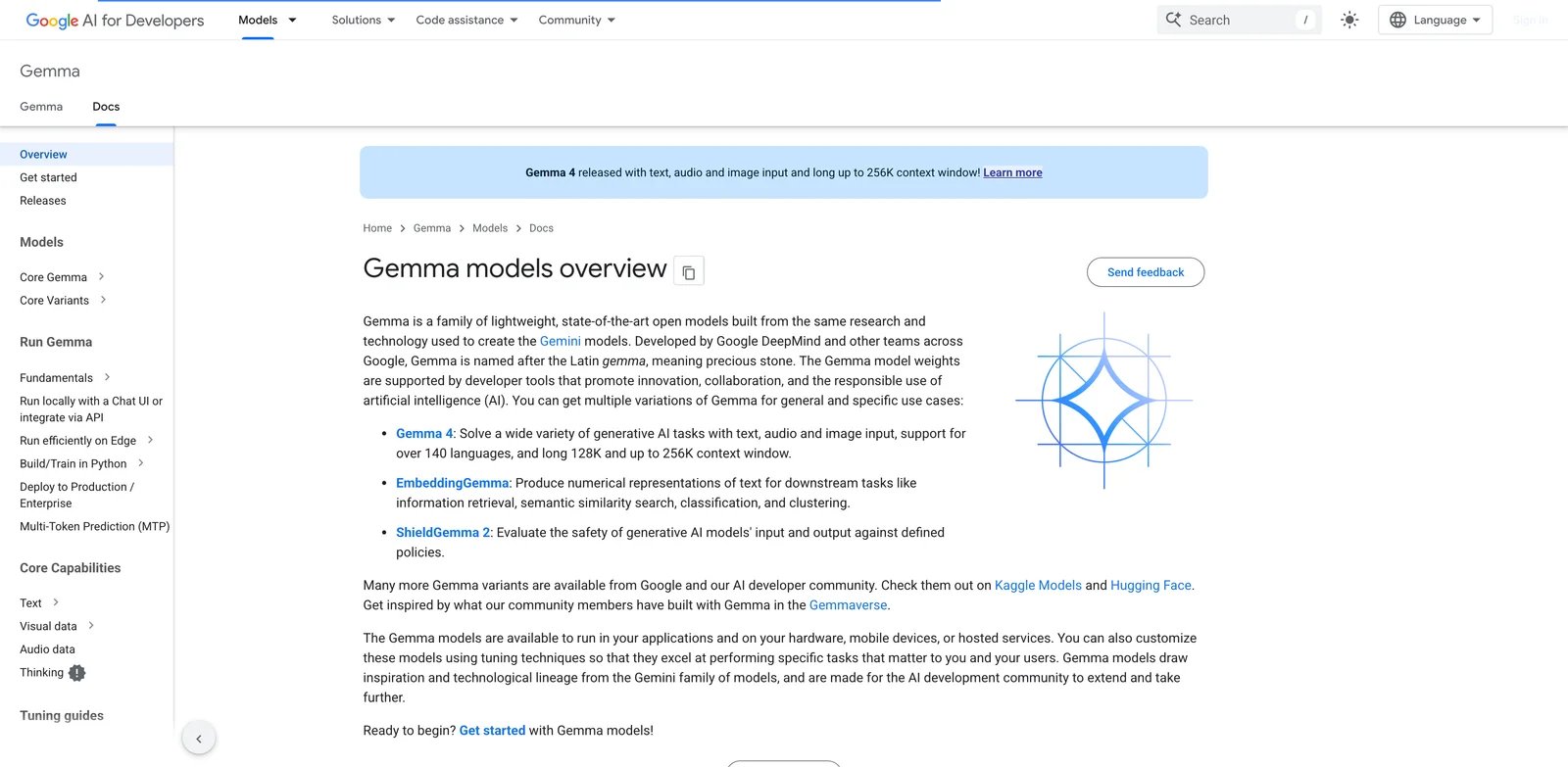 Google Gemma interface showing model documentation and local deployment options