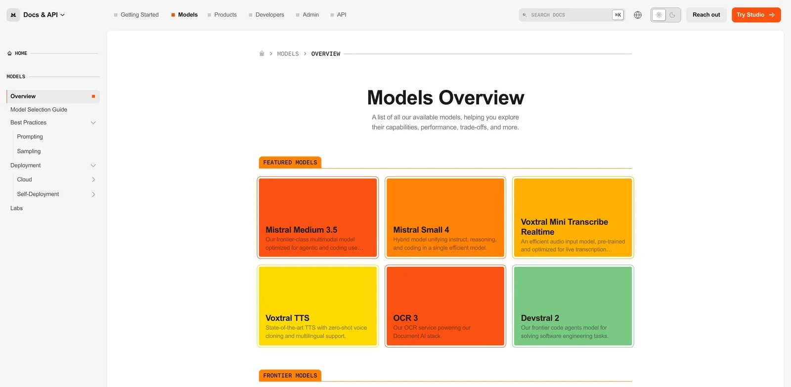 Mistral AI interface showing model catalog and enterprise deployment options