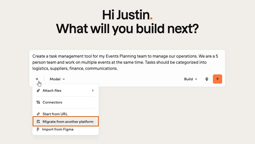 Base44 attachment menu with Migrate from another platform selected