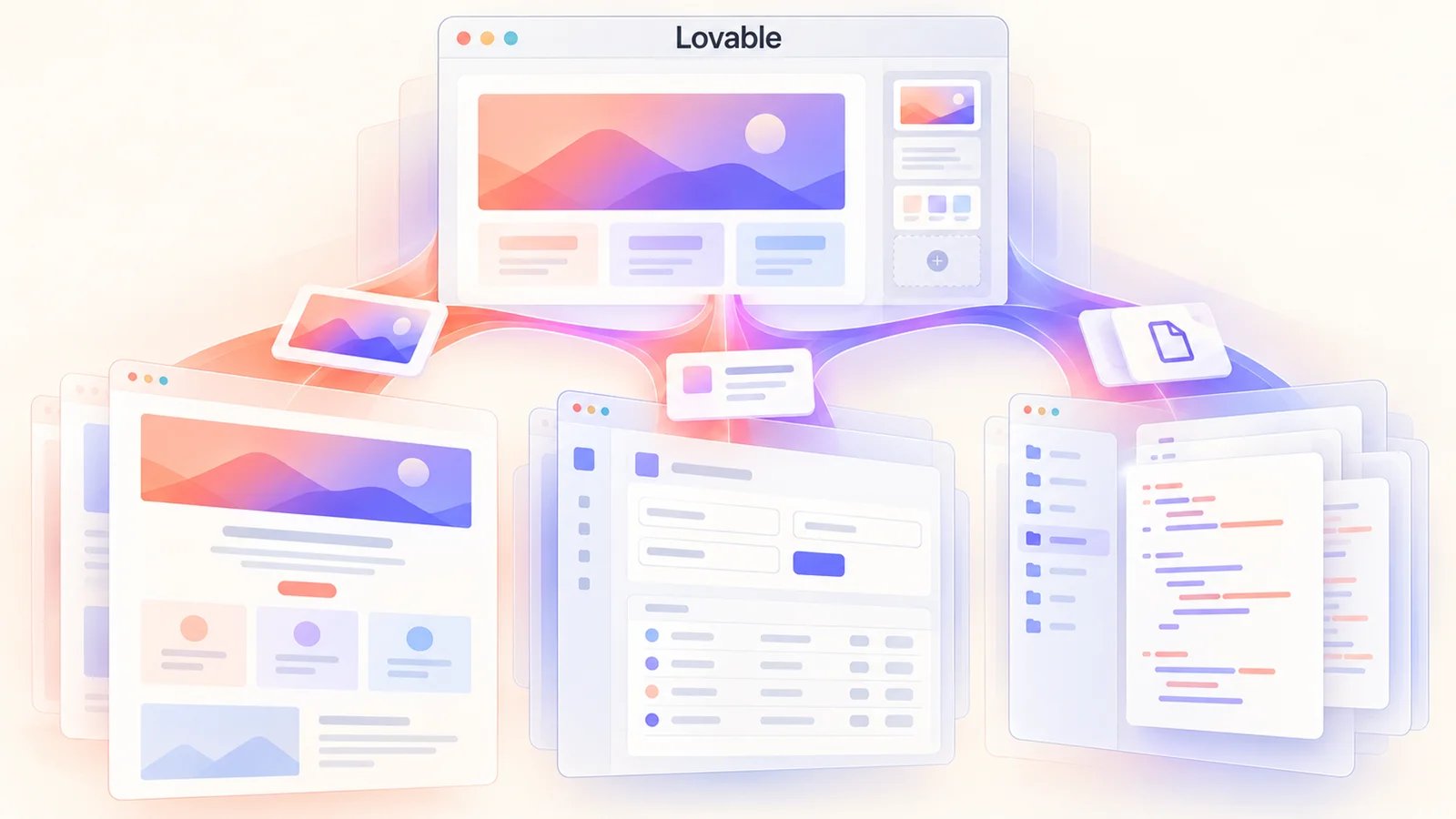 Lovable software canvas branching into website, web app, and code-maintenance routes