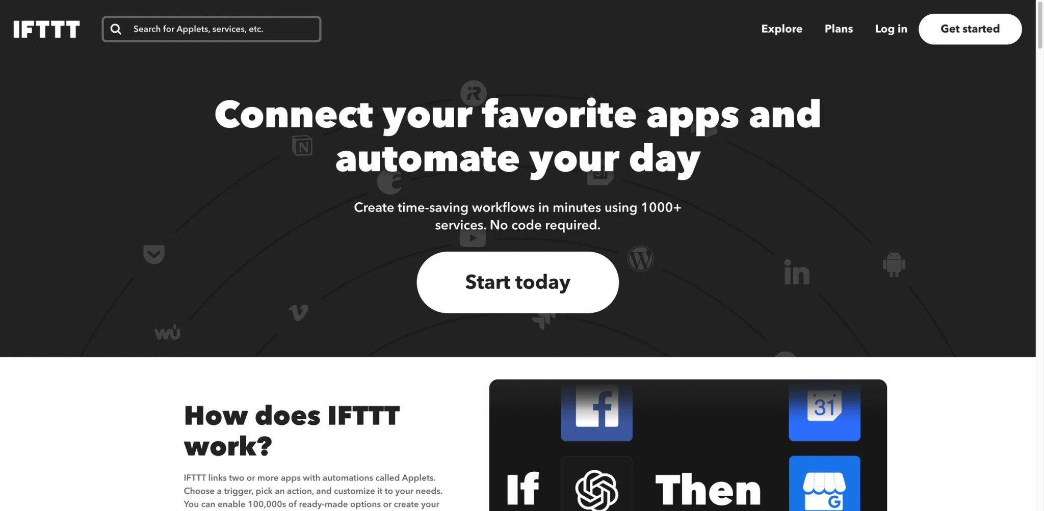 IFTTT interface showing a simple applet creation screen with a trigger service and an action service