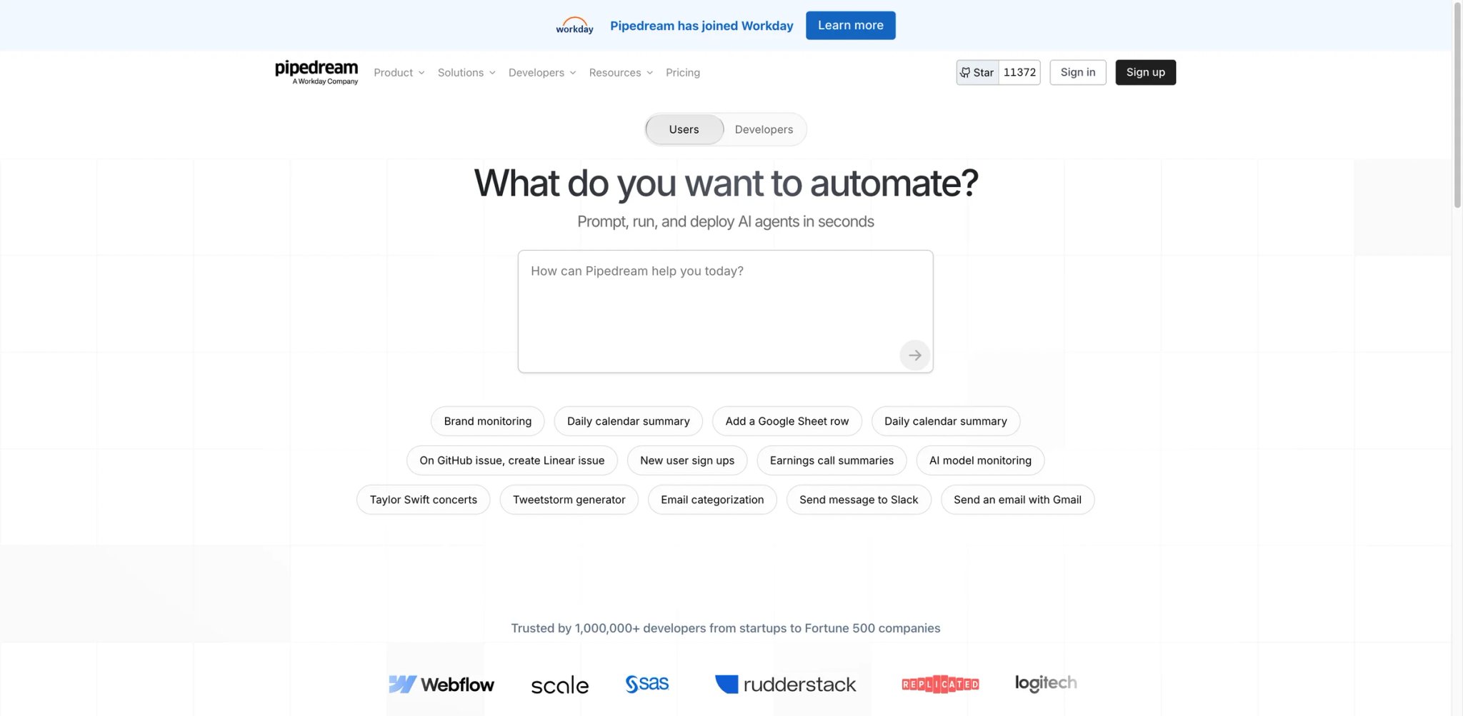 Pipedream interface showing a workflow with serverless code steps in Node and Python alongside prebuilt API actions