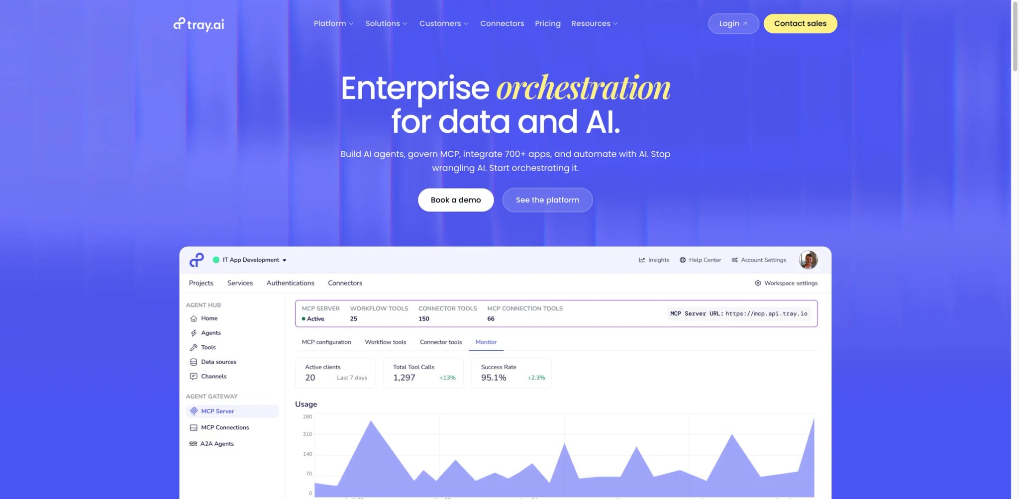 Tray.ai interface showing an enterprise automation builder with agent orchestration, data flows, and a connector library