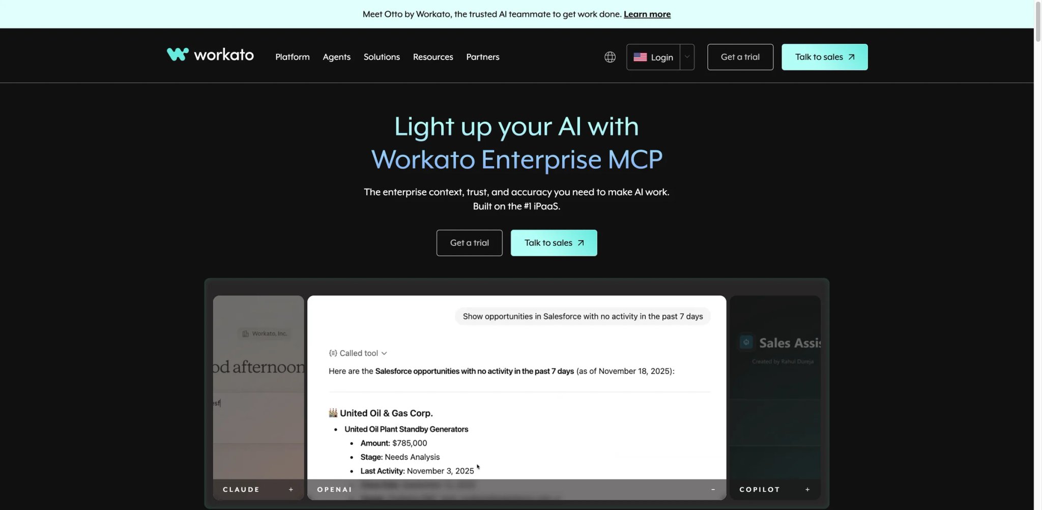 Workato interface showing an enterprise recipe builder with connections, governance controls, and a recipe dashboard