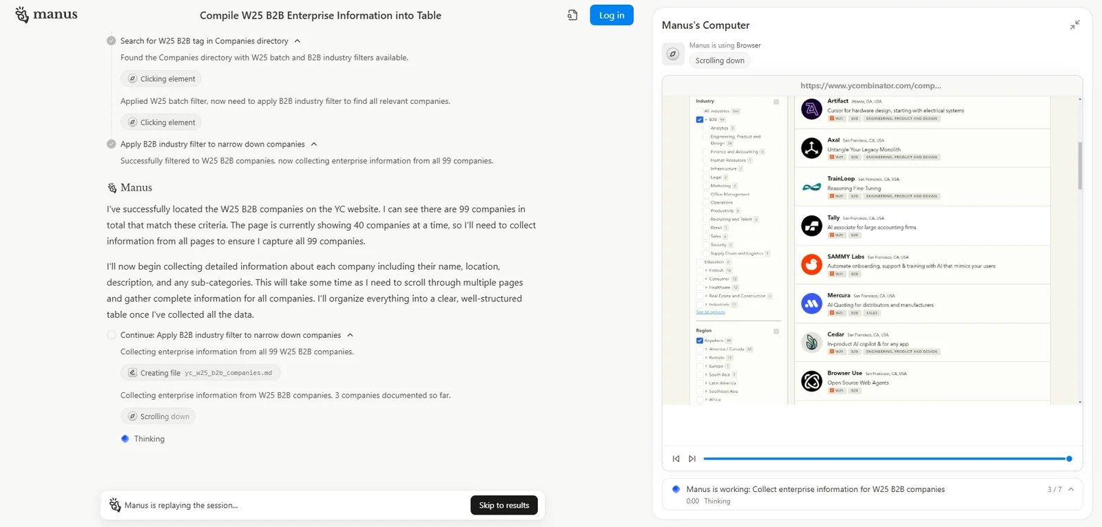 Manus AI's real-time web browsing and research capabilities in action