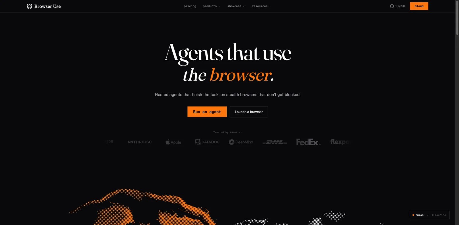 Browser Use interface showing cloud browser sessions, agent runs, API controls, and workflow logs