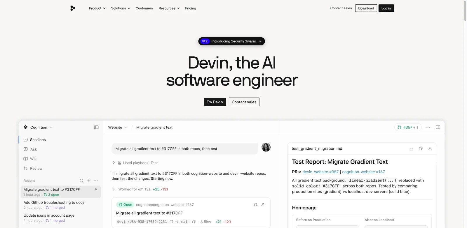 Devin interface showing an autonomous software engineering task, code changes, terminal output, and review controls