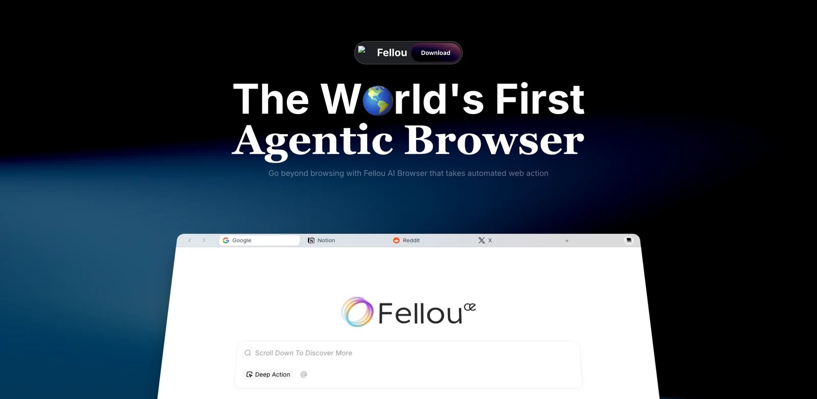 Fellou interface showing an agentic browser running deep search, browser use, and scheduled tasks