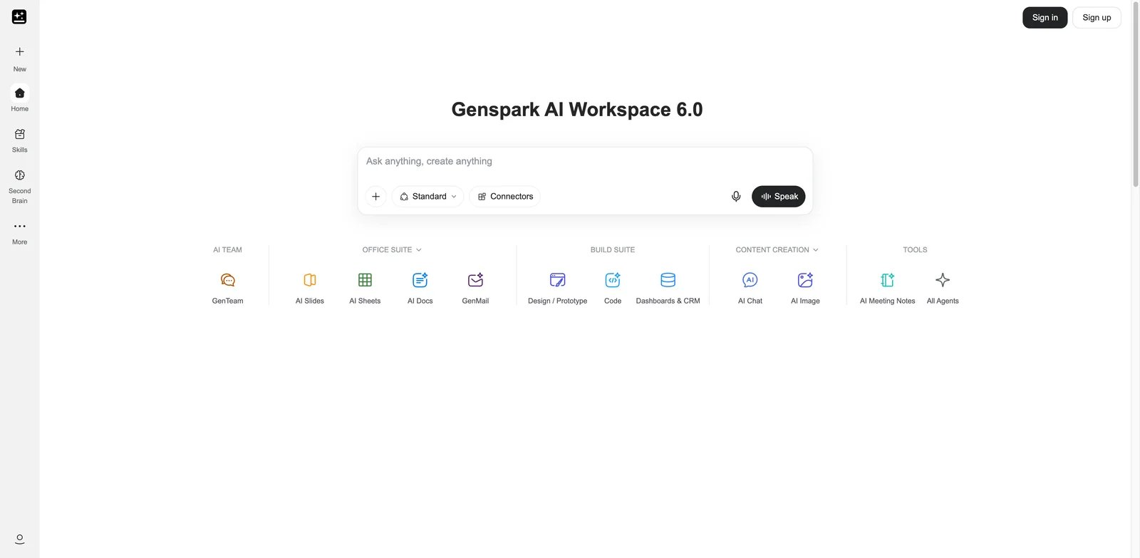 Genspark interface showing a multi-agent workspace creating research, slides, documents, and a website