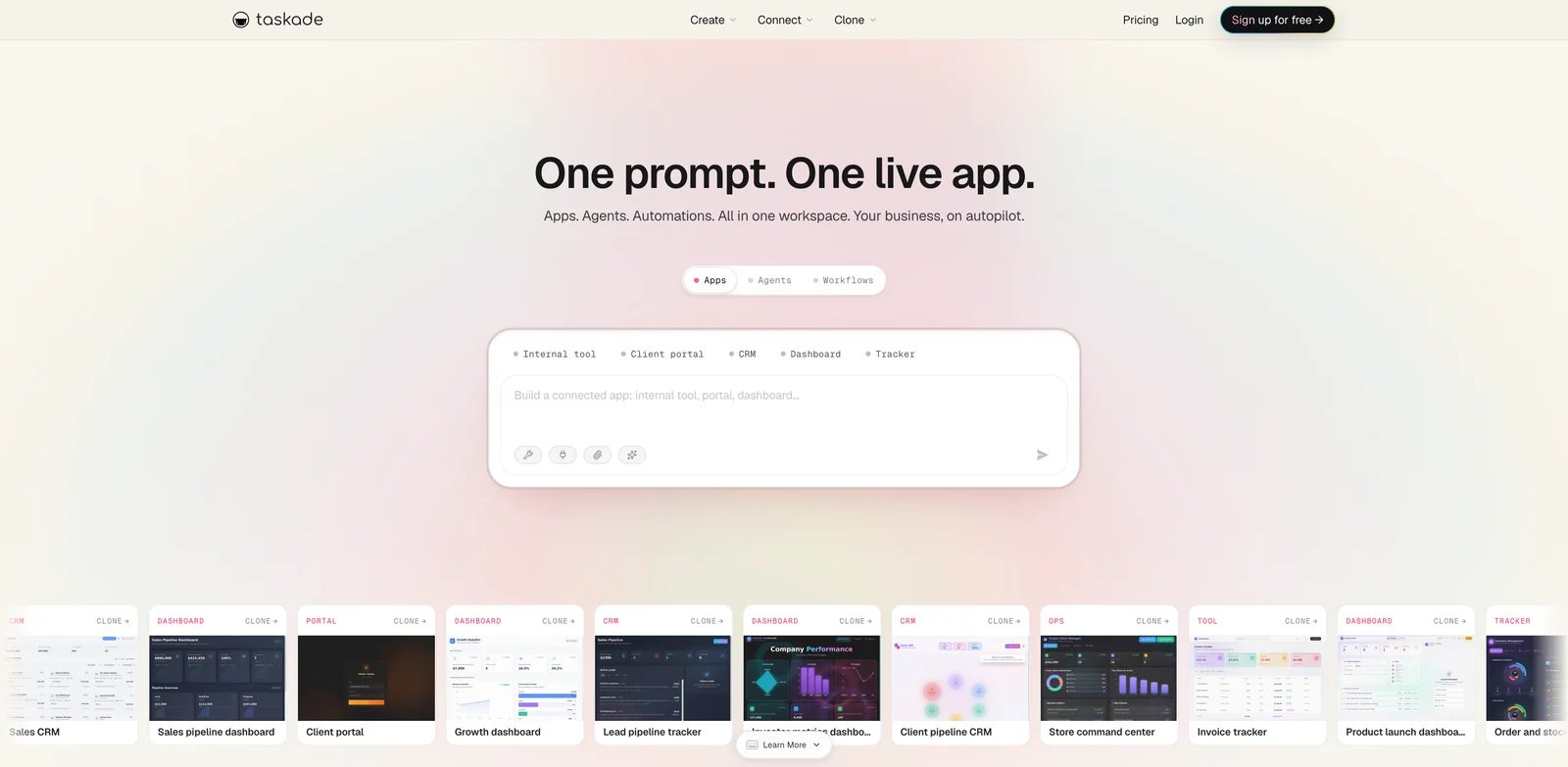 Taskade Genesis interface showing AI apps, agents, automations, and workspace memory connected in one project