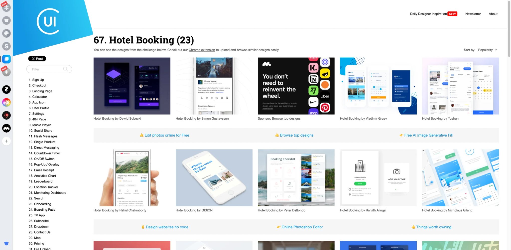 Collect UI interface showing 14,000+ Daily UI shots organized by pattern — sign-up, profile, calendar, empty state