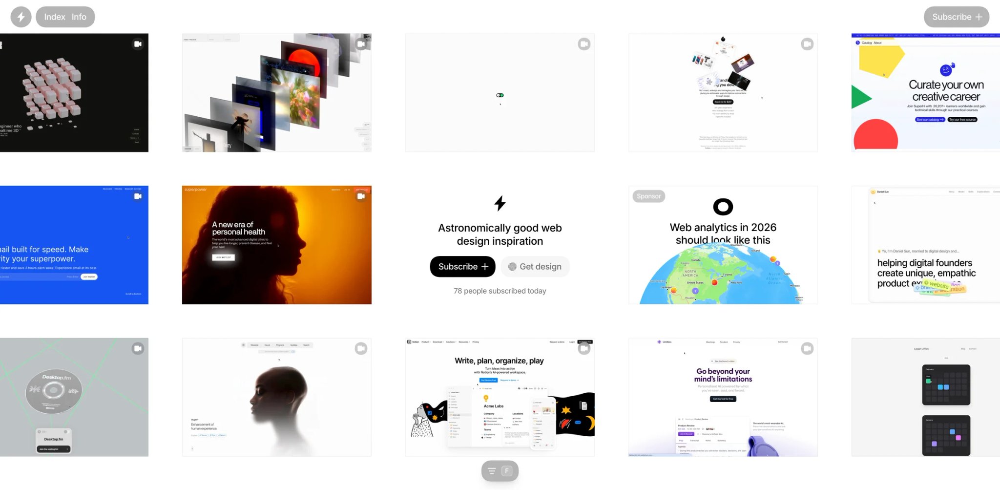 Godly interface showing a tightly curated grid of high-aesthetic web design references