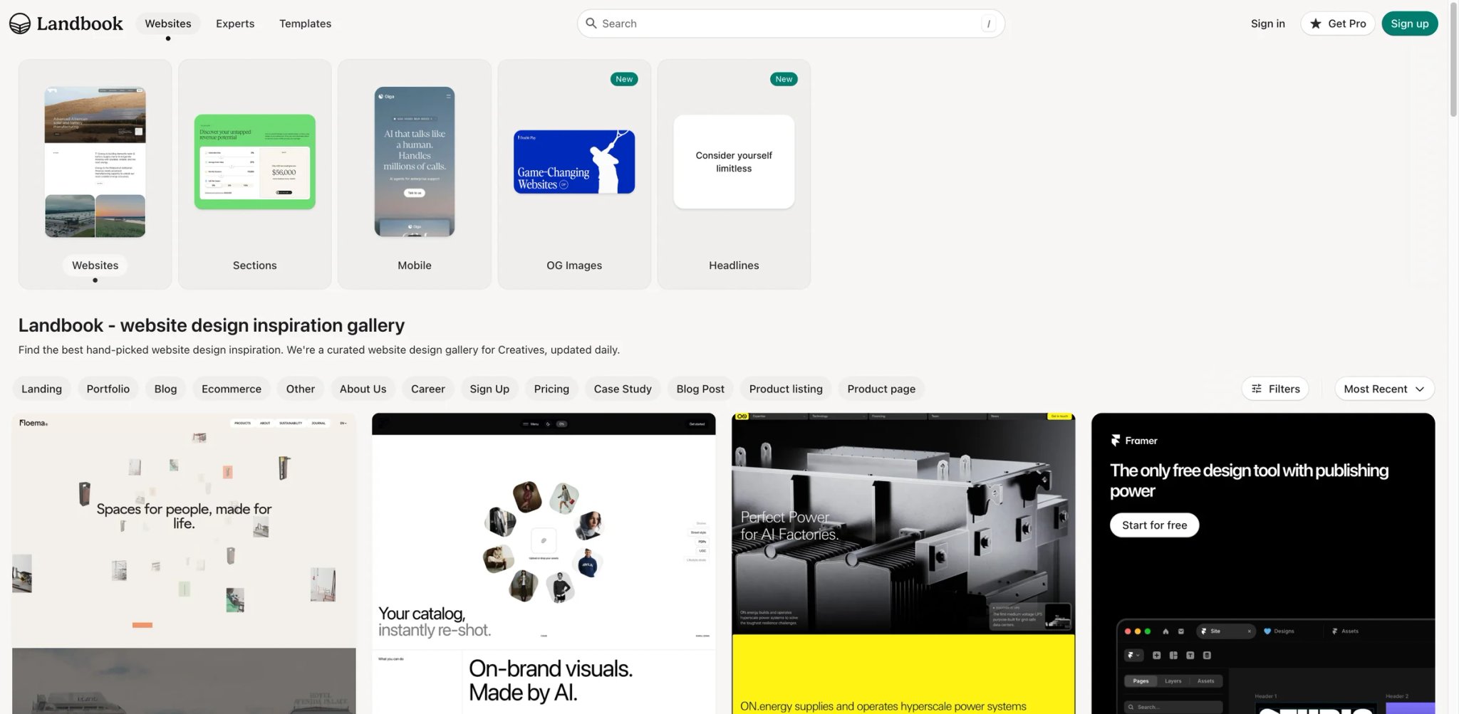 Land-book interface showing curated SaaS landing pages and marketing site heroes with section filters