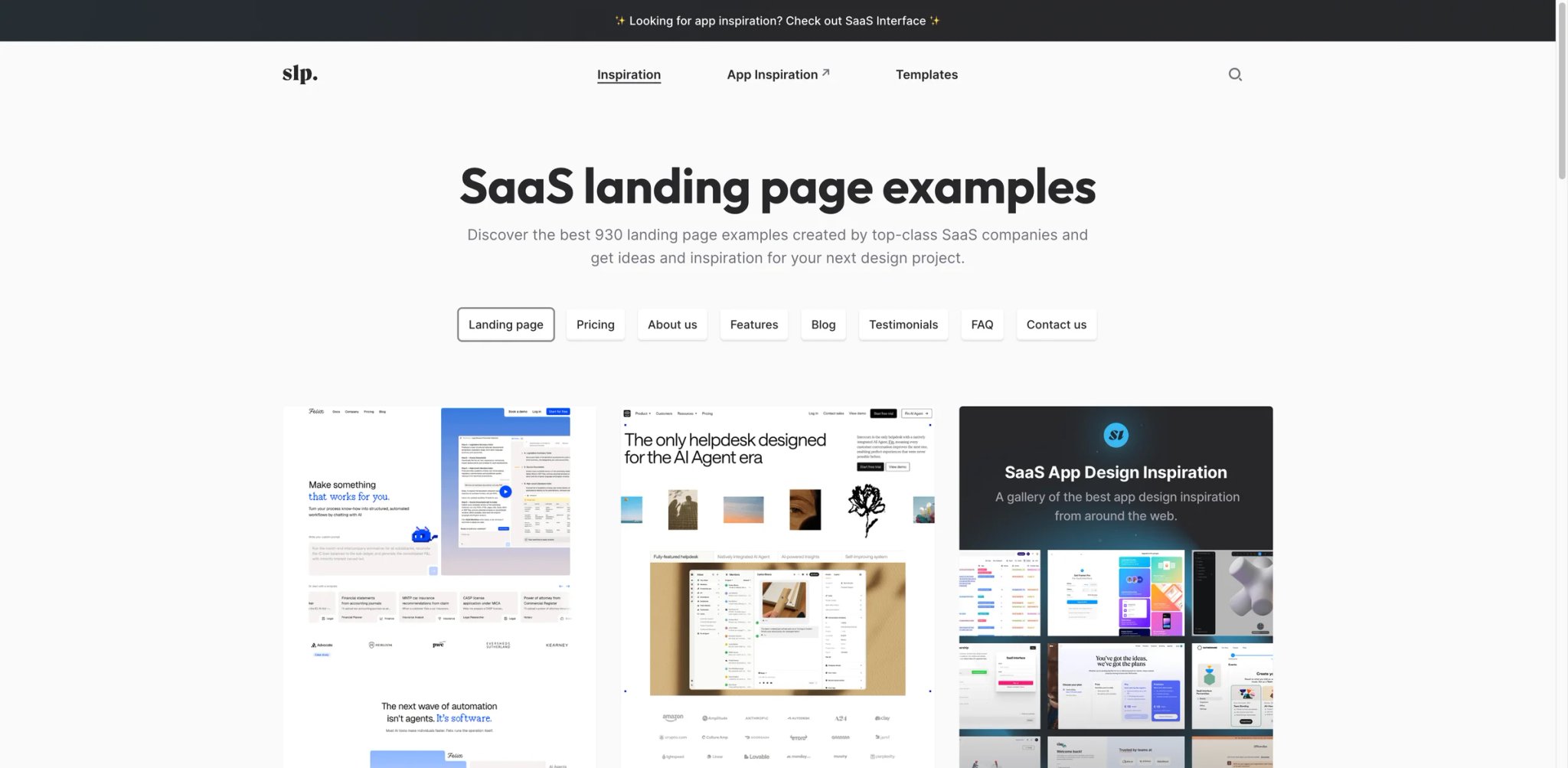 SaaS Landing Page interface showing B2B marketing pages indexed by section type — hero, pricing, features, testimonials