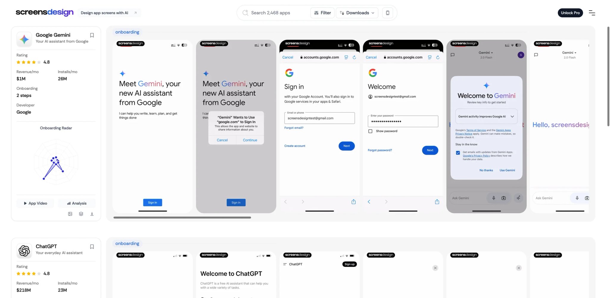 ScreensDesign interface showing iOS subscription app entries with paywall type tags and revenue estimates