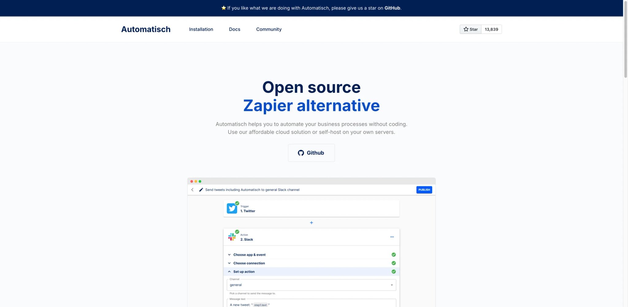 Automatisch interface showing a simple self-hosted flow builder with a trigger and action connection list