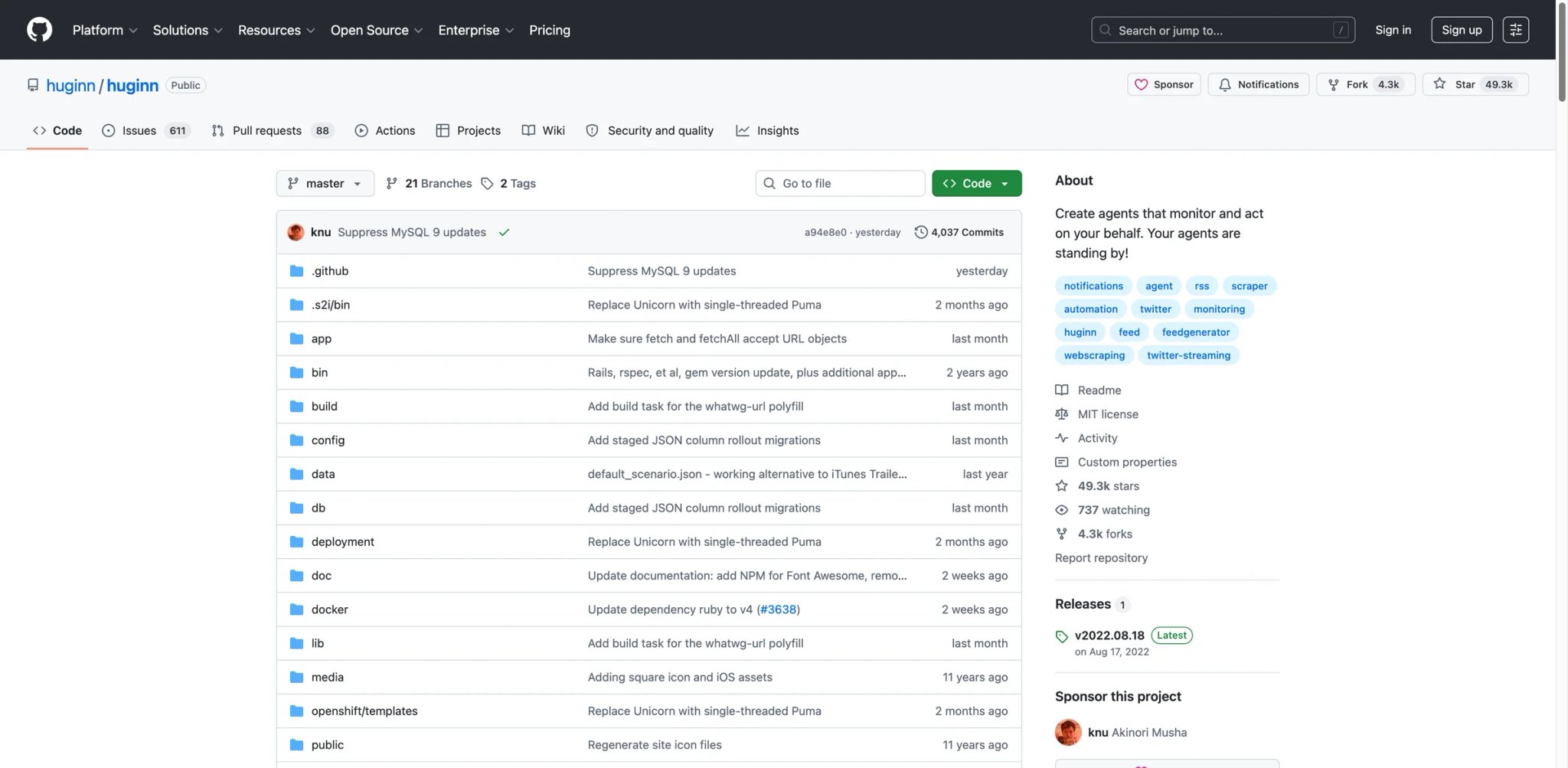 Huginn interface showing a self-hosted agent configuration dashboard with event-watching agents and their schedules