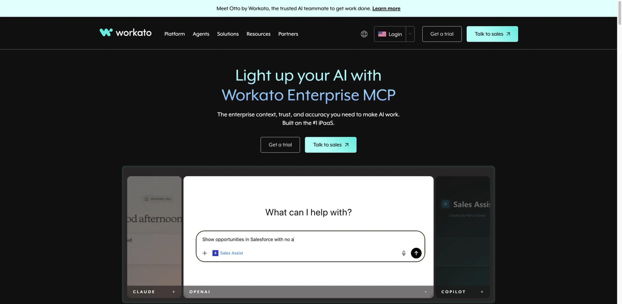 Workato interface showing an enterprise recipe builder with connections, governance controls and a recipe dashboard