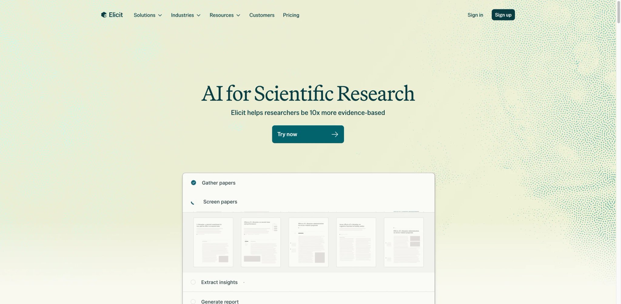 Elicit interface showing a paper search results table with extracted methodology, sample size, and findings columns
