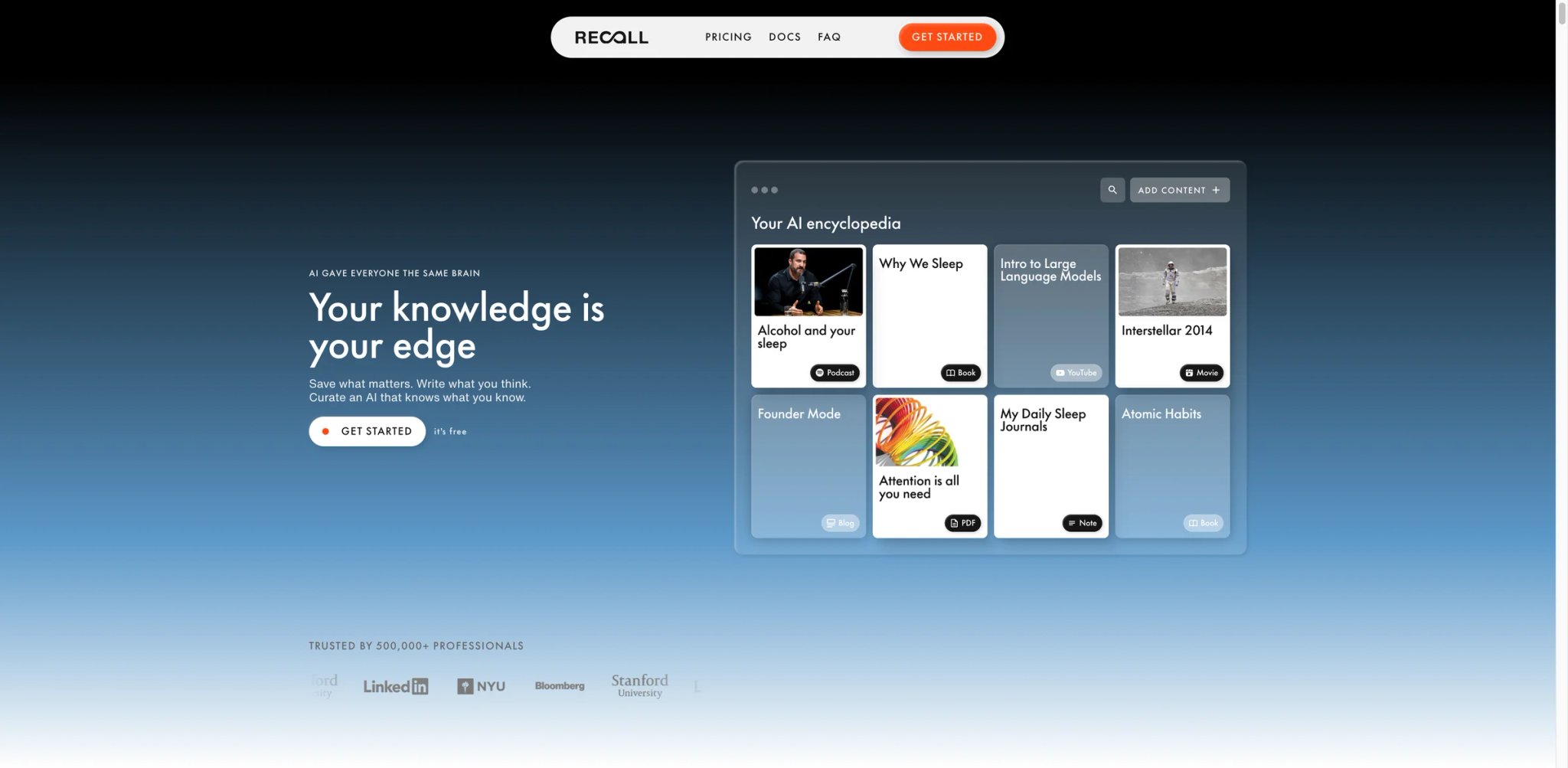Recall interface showing a personal memory layer with categorized articles, videos, and podcasts