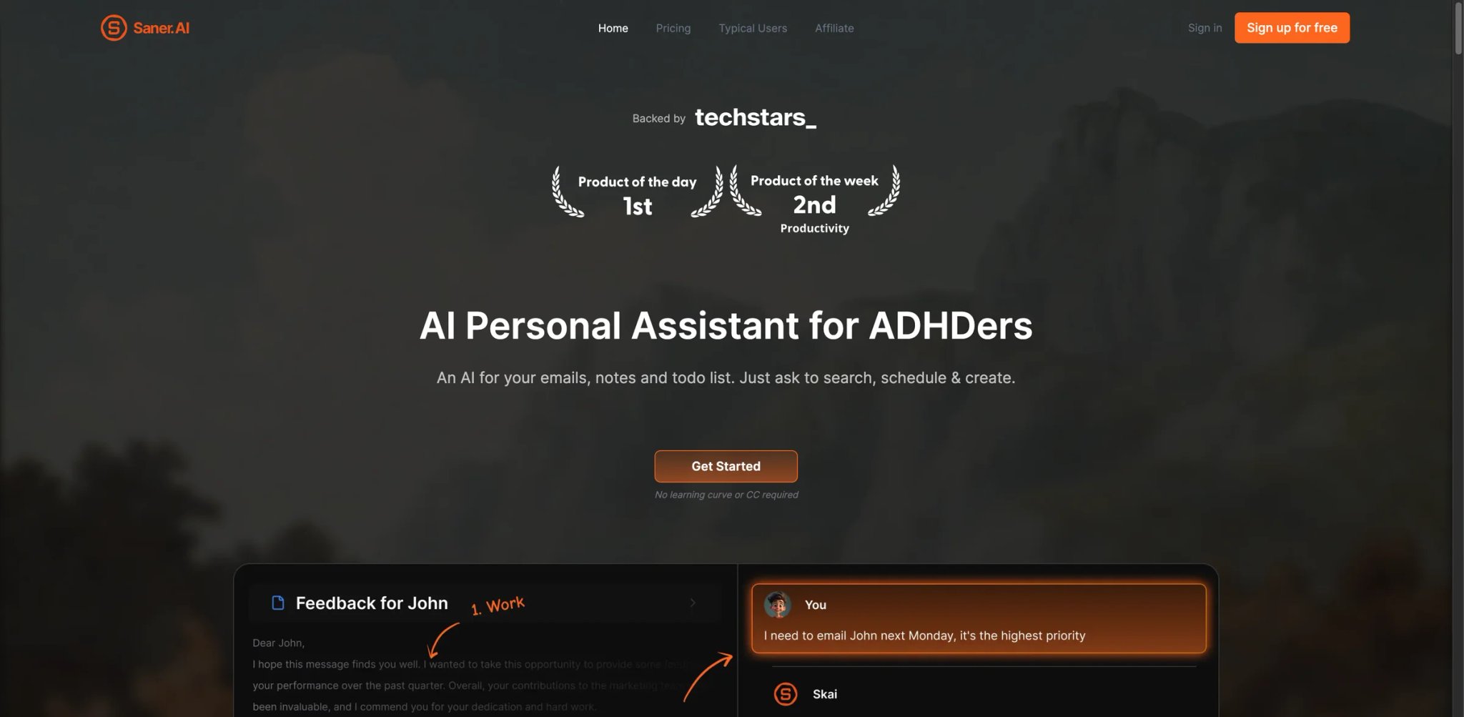 Saner.AI interface showing notes connected to tasks, calendar events, and meeting summaries