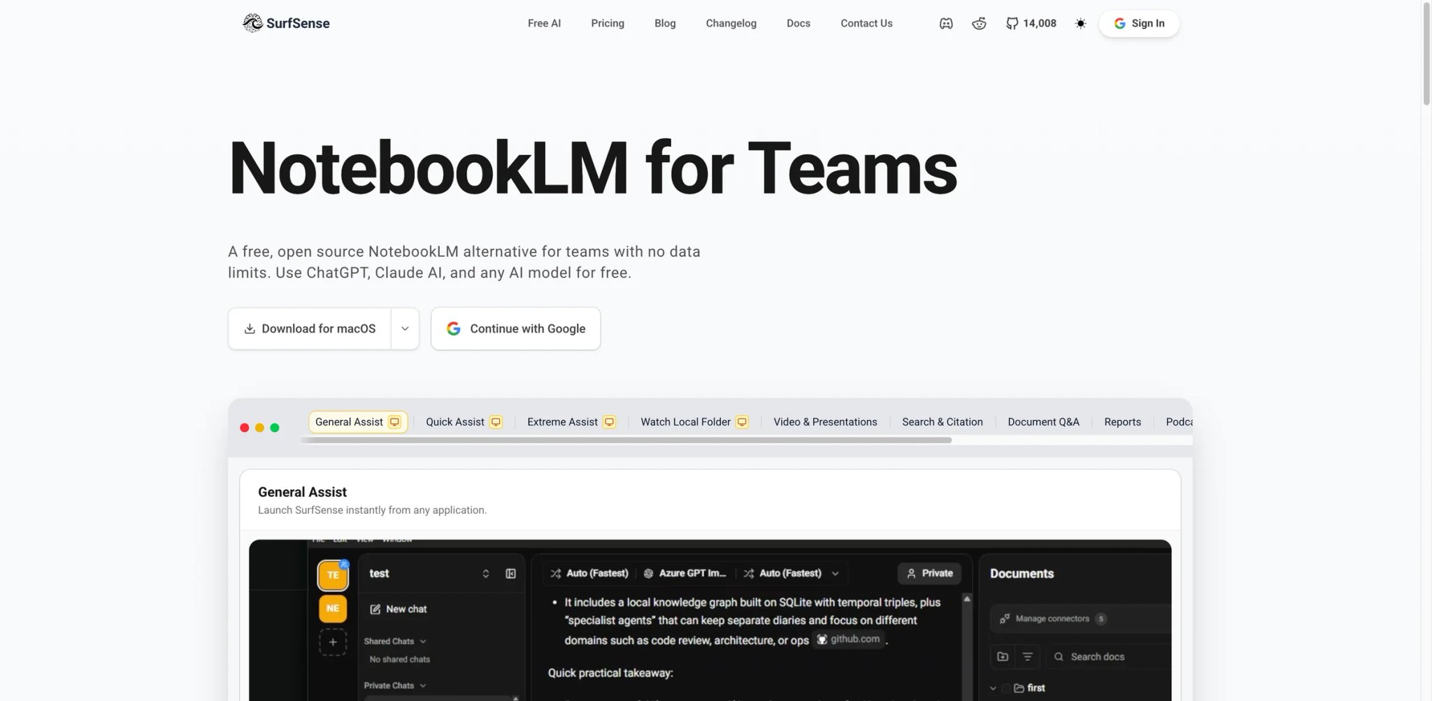 SurfSense interface showing an open-source NotebookLM-style notebook with Slack and Notion connectors
