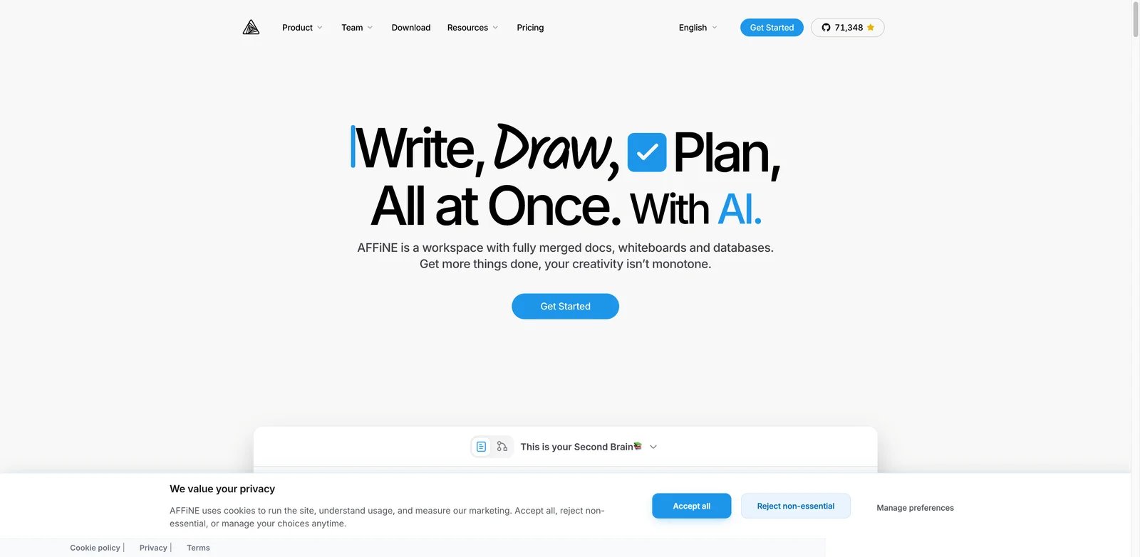 AFFiNE interface showing docs, databases, and an edgeless whiteboard workspace