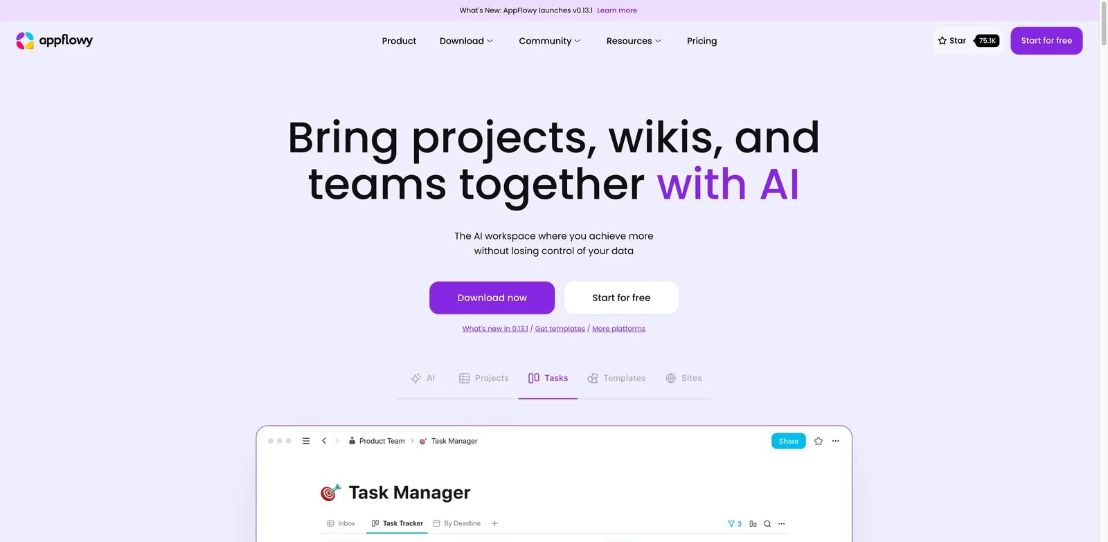 AppFlowy interface showing open-source pages, databases, and workspace navigation